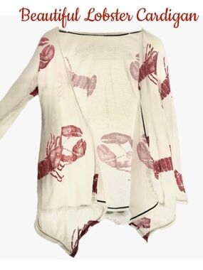 Lobster Print Open Front Cardigan - Light Cream & Deep Red
